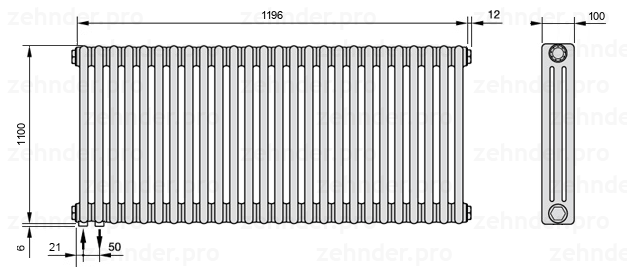 Схема (чертеж) Радиатор Zehnder Charleston 3110/26 №3370 Белый глянцевый RAL 9016